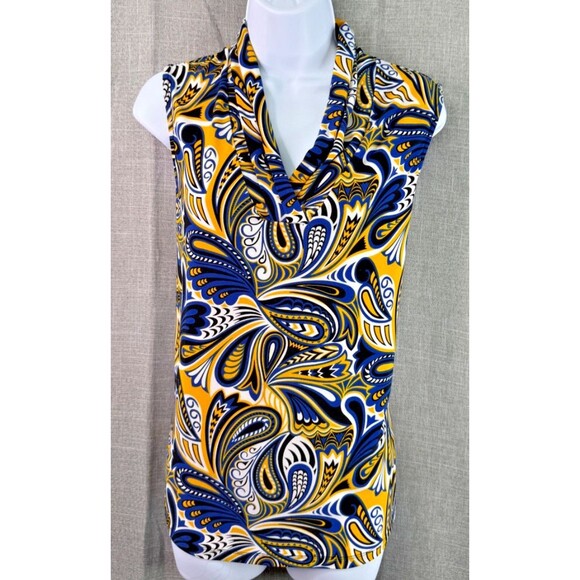 Anne Klein Women's Plus SIze 1X Sleeveless Blouse Career Top Yellow Blue Paisley - Picture 1 of 6